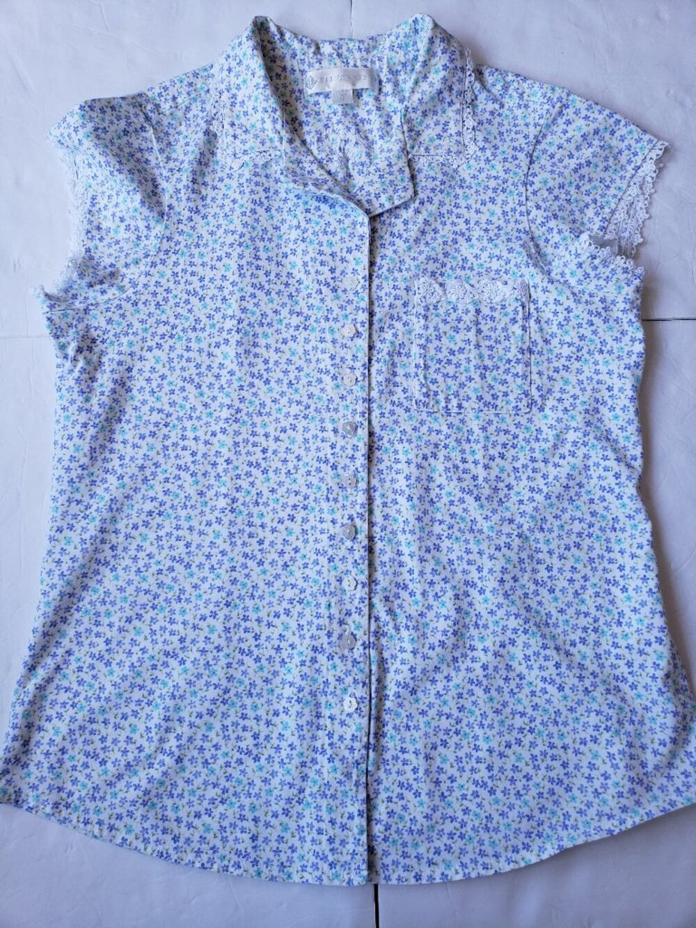Eileen West Floral Cotton Lace Trim Cottagecore Short Sleeve Pajama Top